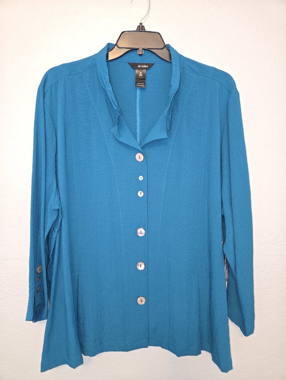 Ali Miles Woven Solid Wire Collar 3/4 Sleeve Pleated Hem Button Front Tunic 3X - Picture 3 of 5